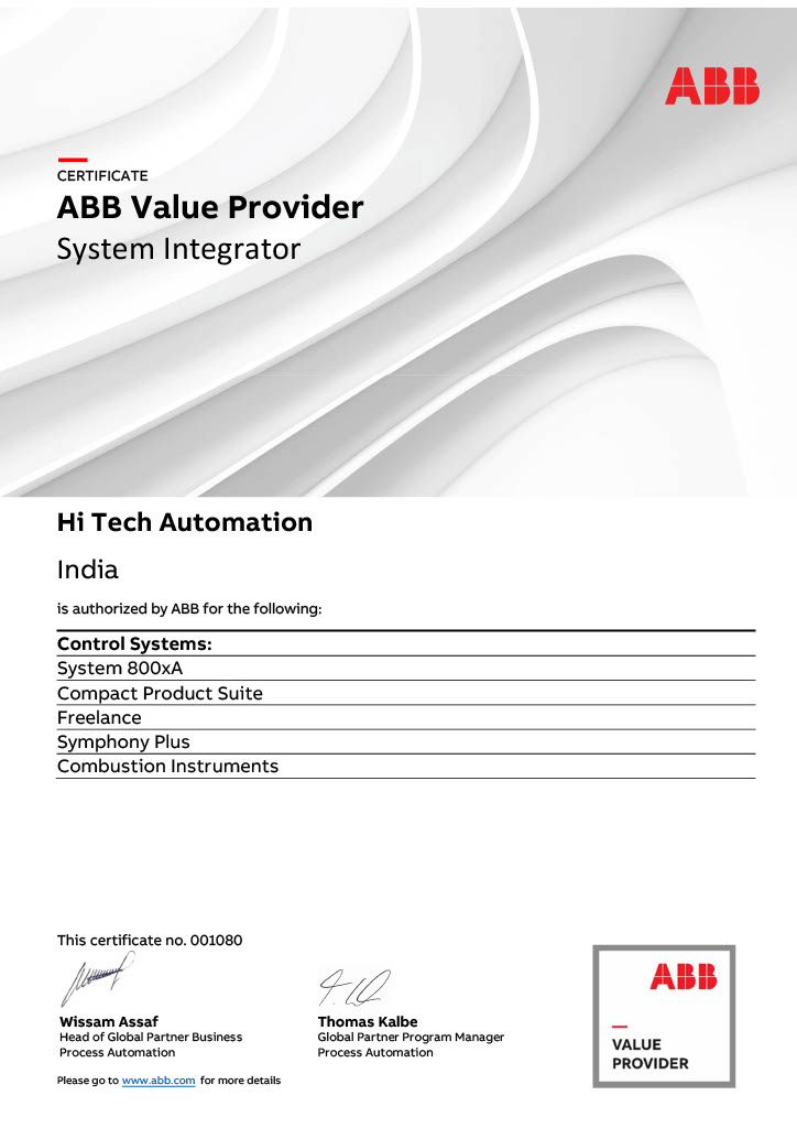 ABB Value Provider Certificate – Hi Tech Automation